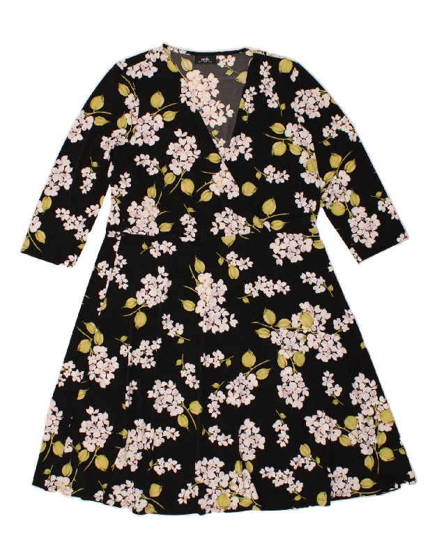 WALLIS Womens 3/4 Sleeve Sheath Dress UK 18 XL Black Floral Polyester