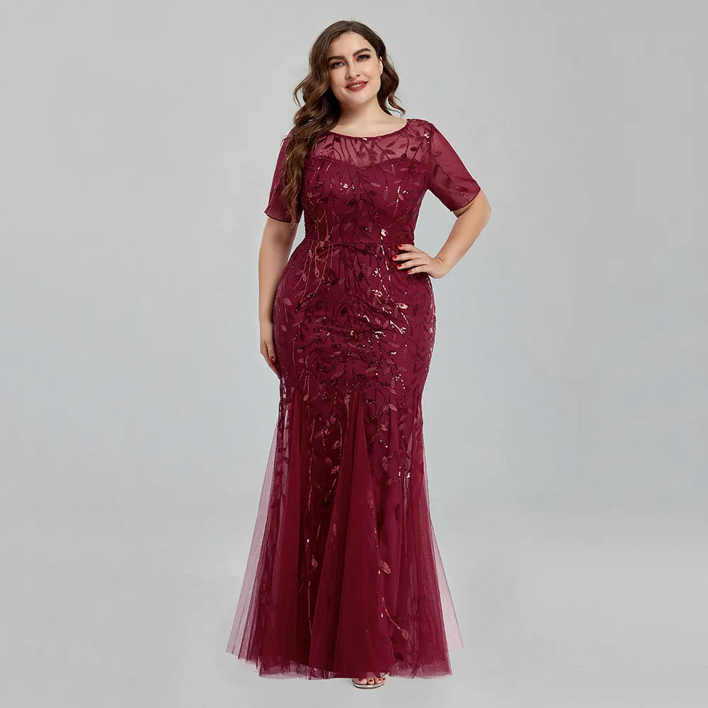 Women Plus Size Sequin Mesh Embroidery Mermaid Evening Dress Formal Short Sleeve Elegant Party Prom Gowns 2020 New Long Dress Women Plus Size Sequin Mesh Embroidery Mermaid Evening Dress Formal Short Sleeve Elegant Party Prom Gowns 2020 New Long Dress