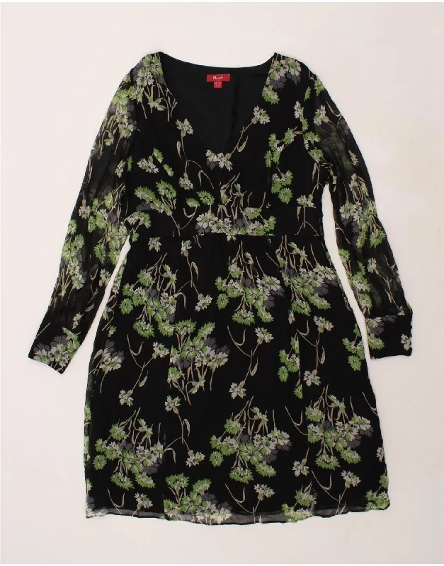 MONSOON Womens Long Sleeve Sheath Dress UK 16 Large Black Floral Silk
