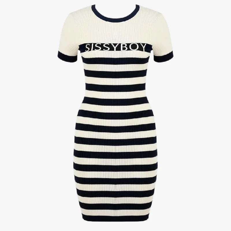Sissy Boy Stripe Navy White Knit Dress With Logo