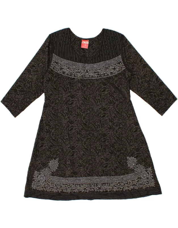 VINTAGE Womens 3/4 Sleeve A-Line Dress UK 20 2XL Grey Paisley