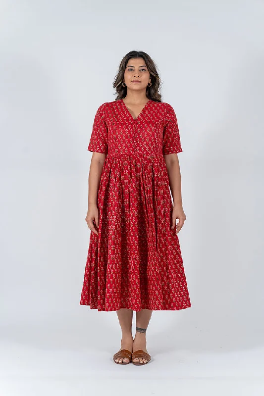 Cotton Hand Block Printed Dress - Red