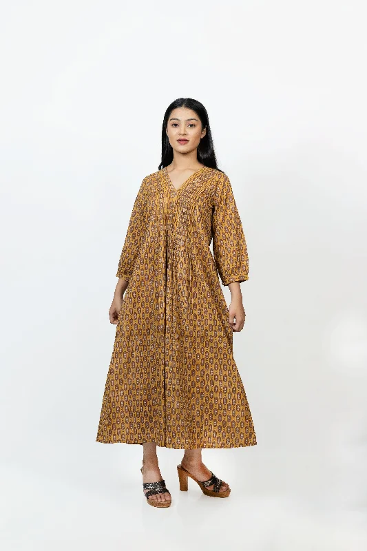 Cotton Hand Block Printed Dress - Yellow