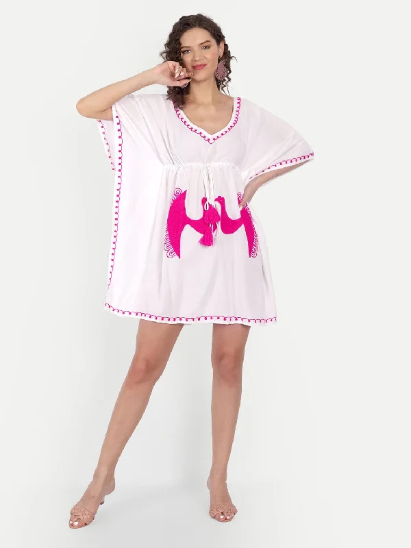 Peacock Embroidery White Kaftan Dress with waist Tie Up