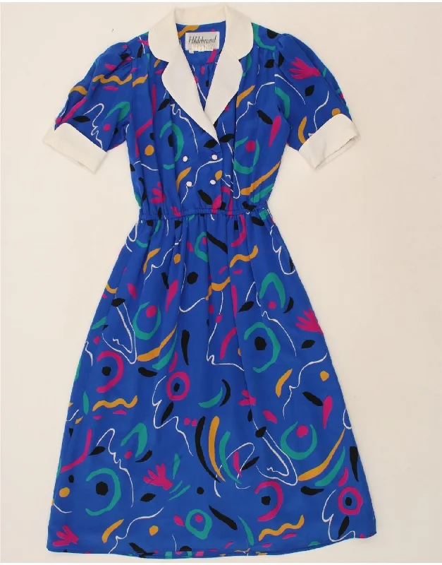 VINTAGE Womens Abstract Pattern Tea Dress UK 10 Small Blue Linen