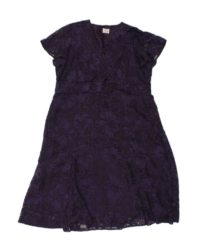 VINTAGE Womens A-Line Dress UK 20 2XL Purple Floral Viscose