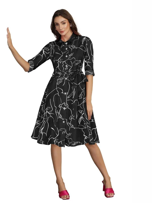 Odette Black Cotton Printed Dress For Women