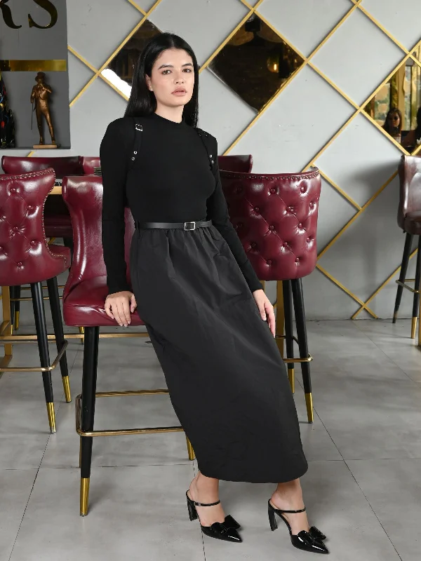 Odette Black Jersey And Poplin Solid Dress For Women