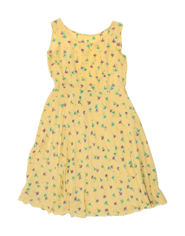 VINTAGE Womens Sleeveless A-Line Dress UK 12 Medium Yellow Floral