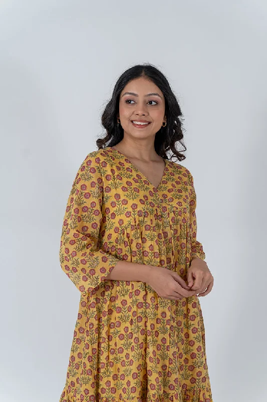 Cotton Hand Block Printed Dress - Yellow
