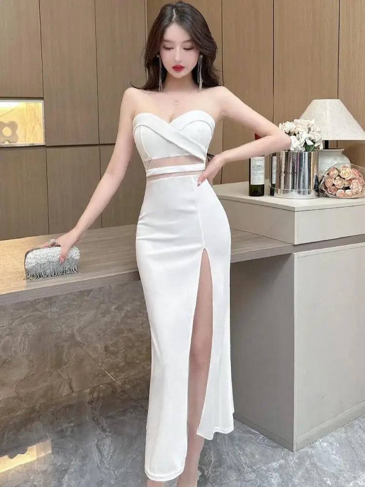 Women's White Elegant Birthday Evening Party Strapless Long Dress Summer Black Sexy Club Backless High Split Gowns Dress Fashion Women's White Elegant Birthday Evening Party Strapless Long Dress Summer Black Sexy Club Backless High Split Gowns Dress Fashion