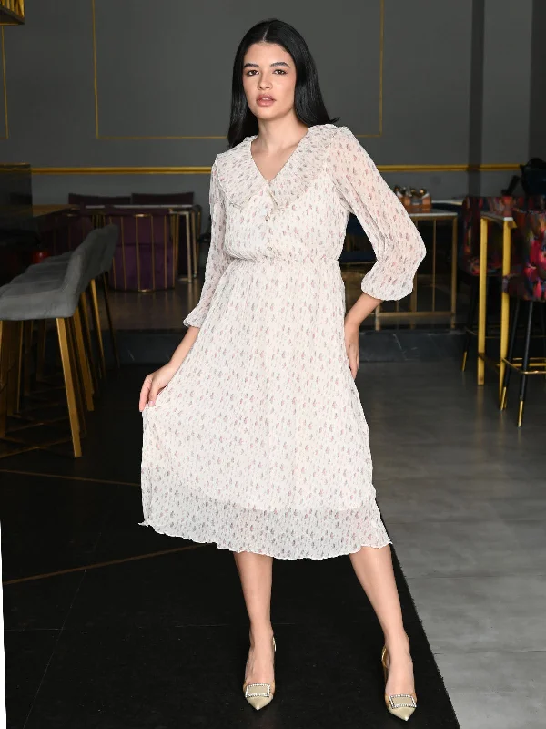 Odette Off White Crinkled Georgette Printed Dress For Women