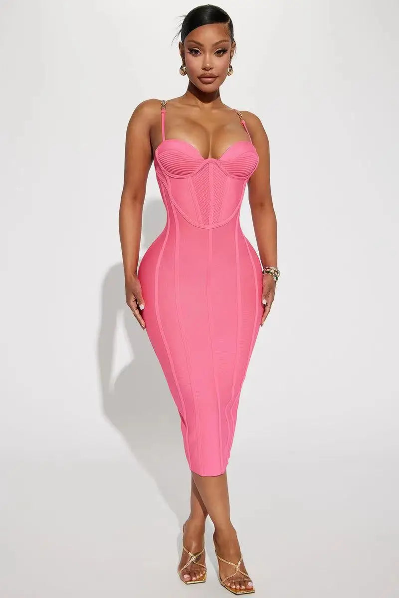 New Pink Color Women Sleeveless Sexy Square Collar Bodycon Bandage Mid-calf Dress Nightlcub Party Celebrate Birthday Dress New Pink Color Women Sleeveless Sexy Square Collar Bodycon Bandage Mid-calf Dress Nightlcub Party Celebrate Birthday Dress