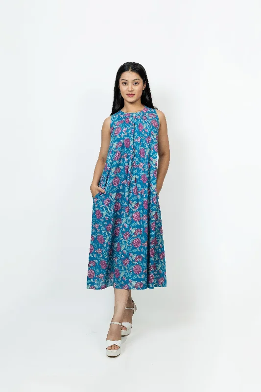 Cotton Hand Block Printed Dress - Blue