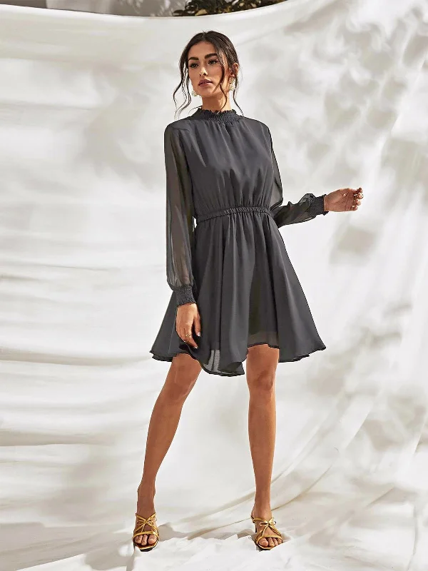 Odette Grey Georgette Solid Dress For Women