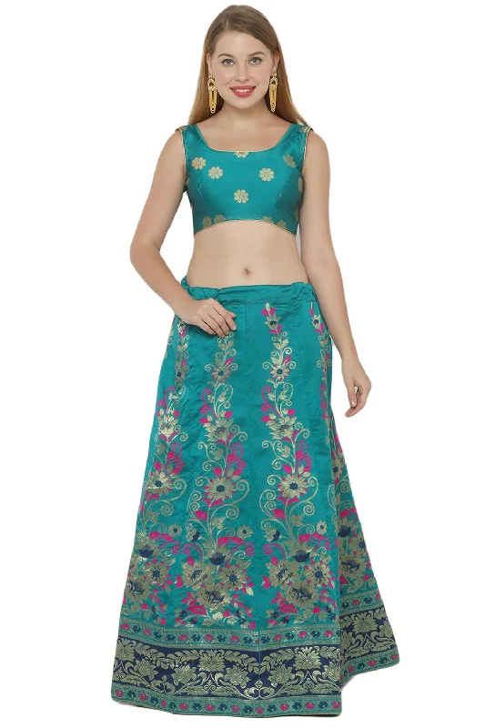 Art Silk Foil Print Lehenga Choli Dress Material In Turquoise And Blue