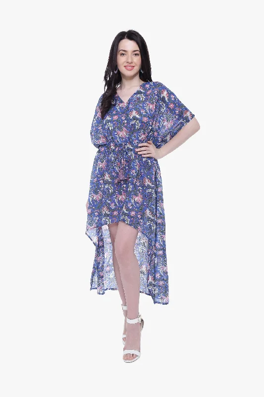 Blue Floral Block Print Cotton High Low Kaftan Dress