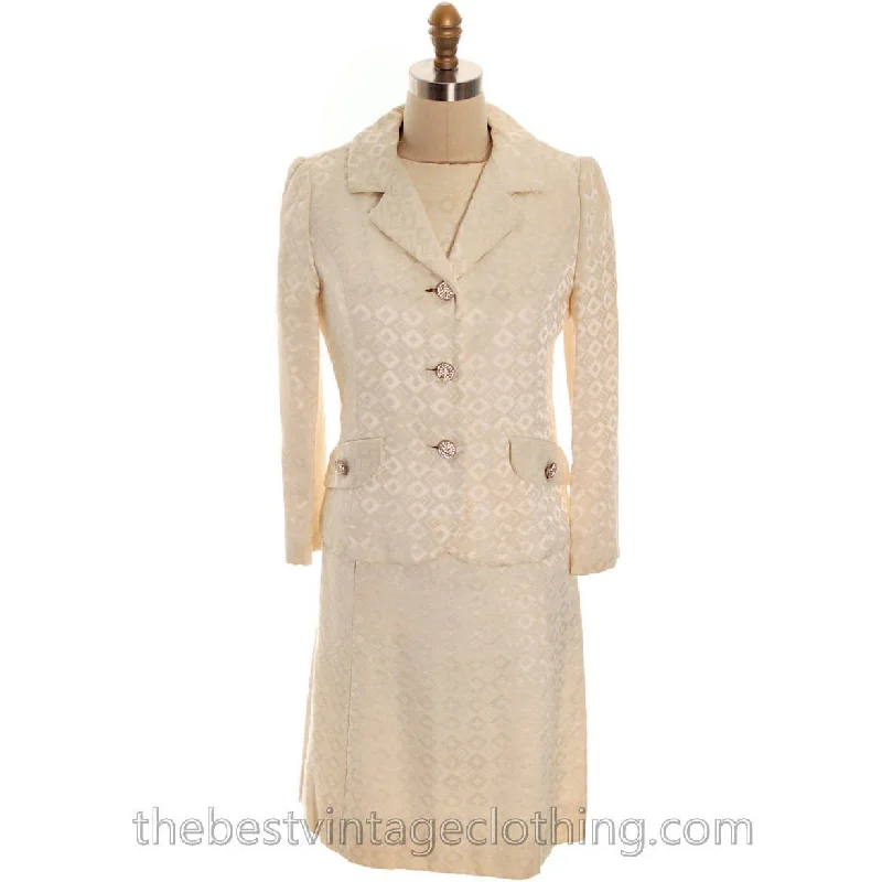 Vintage 1970s Ivory Brocade Suit Dress Lord & Taylor Rhinestone Buttons