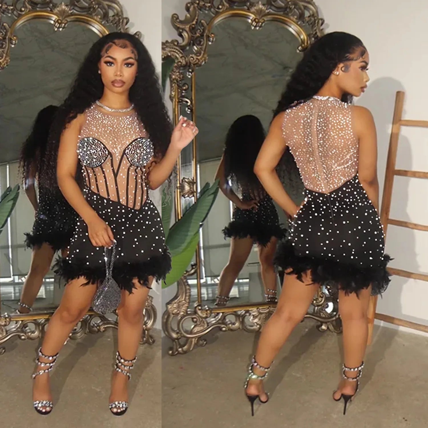 Sequin Feather Dress Mini Party Sexy Luxury Mesh Dresses 2023 Summer Women Clothes Evening Bodycon Club Elegant Black Dress Sequin Feather Dress Mini Party Sexy Luxury Mesh Dresses 2023 Summer Women Clothes Evening Bodycon Club Elegant Black Dress