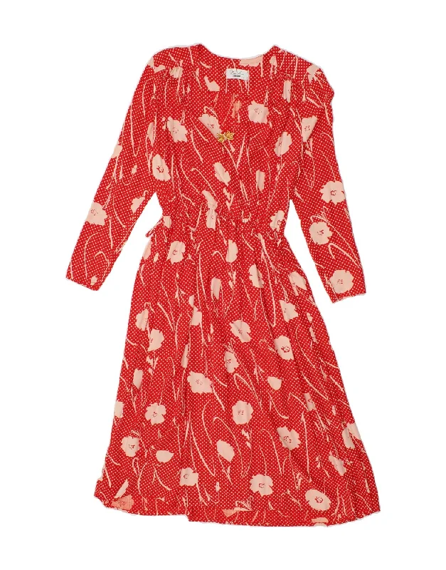 VINTAGE Womens 3/4 Sleeve A-Line Dress UK 12 Medium  Red Floral Viscose
