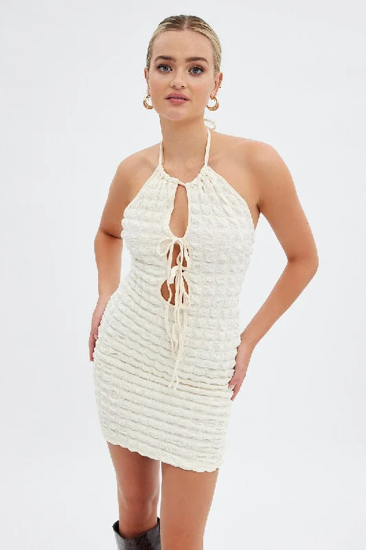 Beige Textured Mini Dress Backless Trendy Bodycon Mini Dress