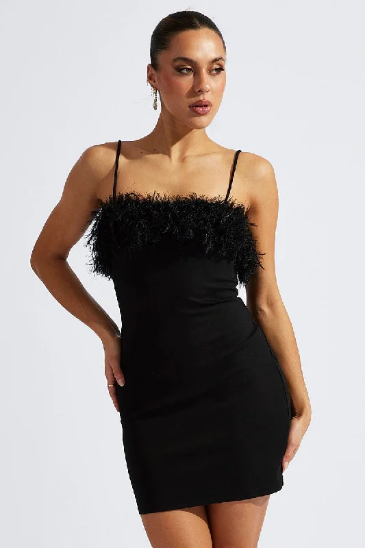 Black Faux Feather Trim Bodycon Strappy Mini Dress Stylish Floral Print Mini Dress