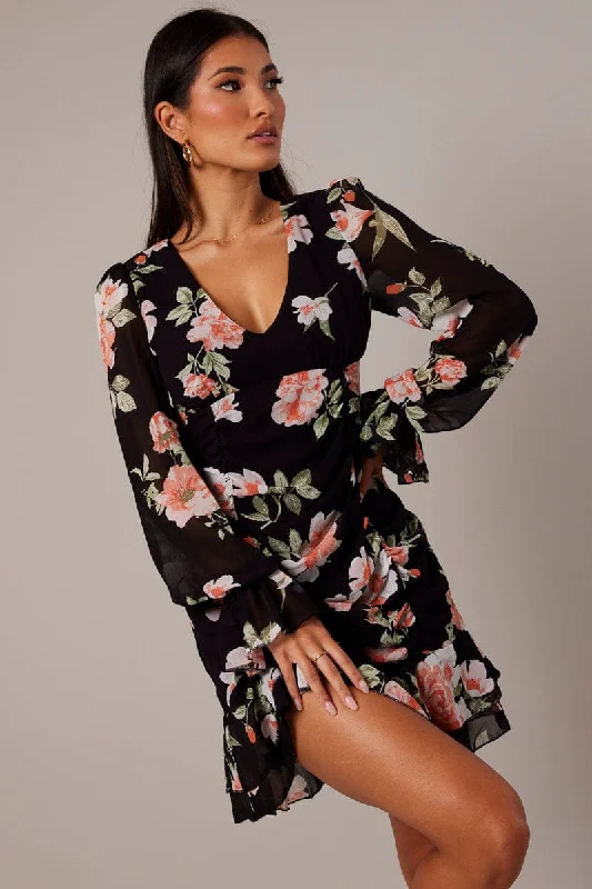 Black Floral Ruffle Dress Long Sleeve Flared Cuff Mini Dress Chic Puff Sleeve Mini Dress