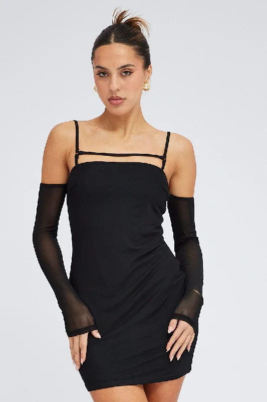 Black Mini Dress Long Sleeve Cold Shoulder Bodycon Mesh Cozy Jersey Mini Dress