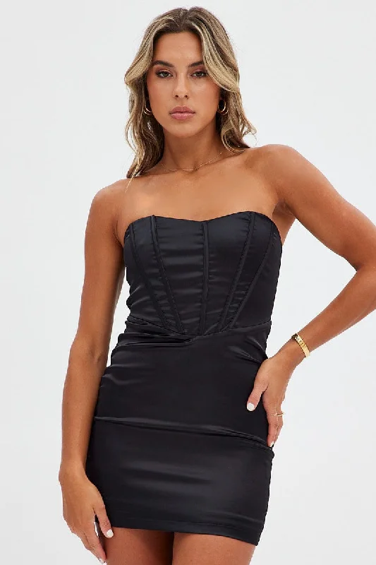 Black Mini Dress Strapless Corset Detail Satin Cozy Sweater Mini Dress