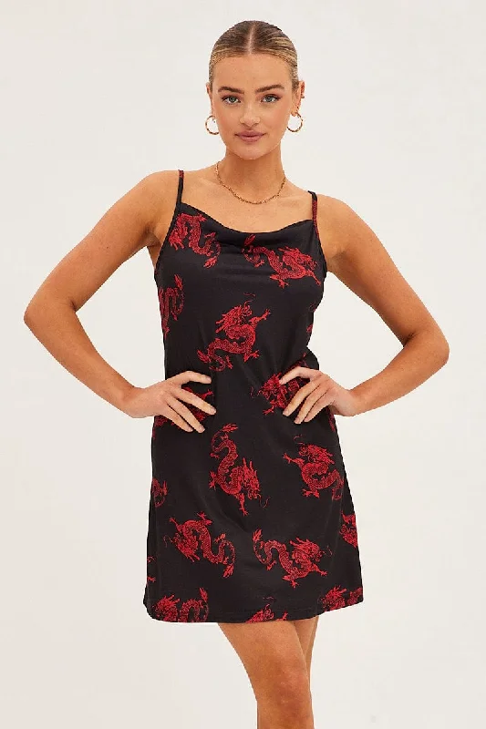 Black Print Cowl Neck Mini Dress Cozy Ribbed Mini Dress