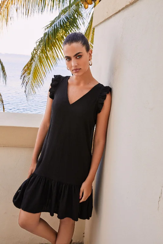 Black Ruffle Sleeve Tie Back Mini Dress With Linen Elegant Off-Shoulder Dress Mini