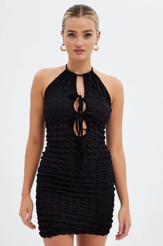 Black Textured Mini Dress Backless Classic White Mini Dress