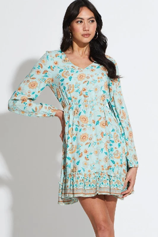 Boho Print Mini Dress Long Sleeve V Neck Casual Button-Up Mini Dress