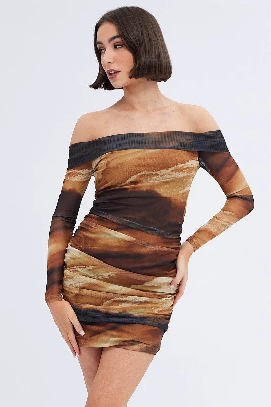 Brown Abstract Mini Dress Bardot Off Shoulder Bodycon Ruched Trendy Tulle Mini Dress