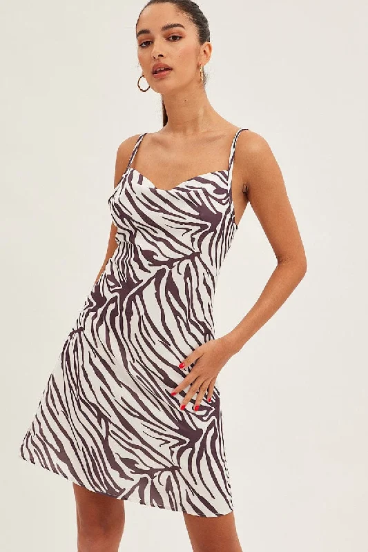 Brown Print Cowl Neck Mini Dress Cozy A-Line Mini Dress