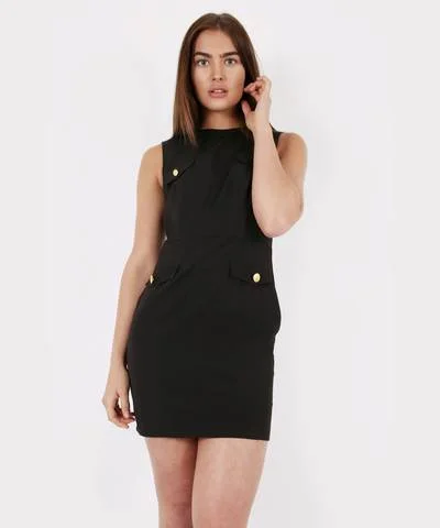 Button Detail Mini Dress Black Fashionable Summer Mini Dress