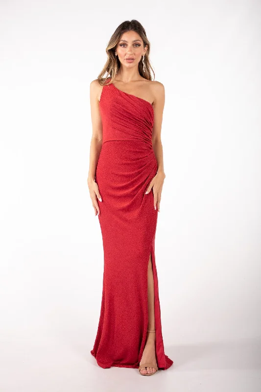 CALI One Shoulder Maxi Dress - Shimmer Red Trendy Printed Maxi Dress