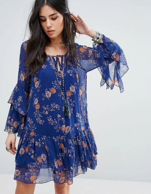 Free People Women's Floral Frill Tiered Swing Mini Dress, Blue, S Fashionable Boho-Chic Mini Dress Free People Women's Floral Frill Tiered Swing Mini Dress, Blue, S Fashionable Boho-Chic Mini Dress