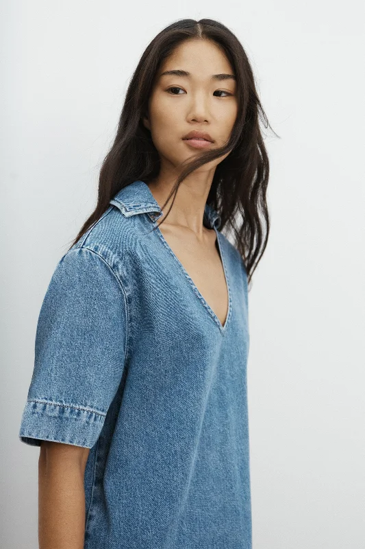 Genevieve Denim Mini Dress Comfortable Off-Shoulder Mini Dress