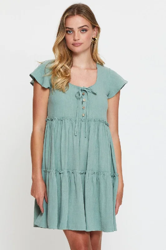 Green Mini Dress Short Sleeve Modern Satin Mini Dress