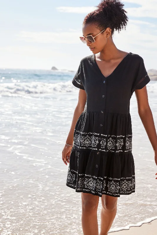 Linen Blend Tiered Mini Dress Black Trendy Button-Detail Mini Dress