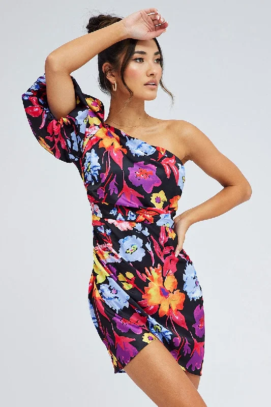 Multi Floral One Shoulder Puff Sleeve Statement Mini Dress Classic Shift Mini Dress