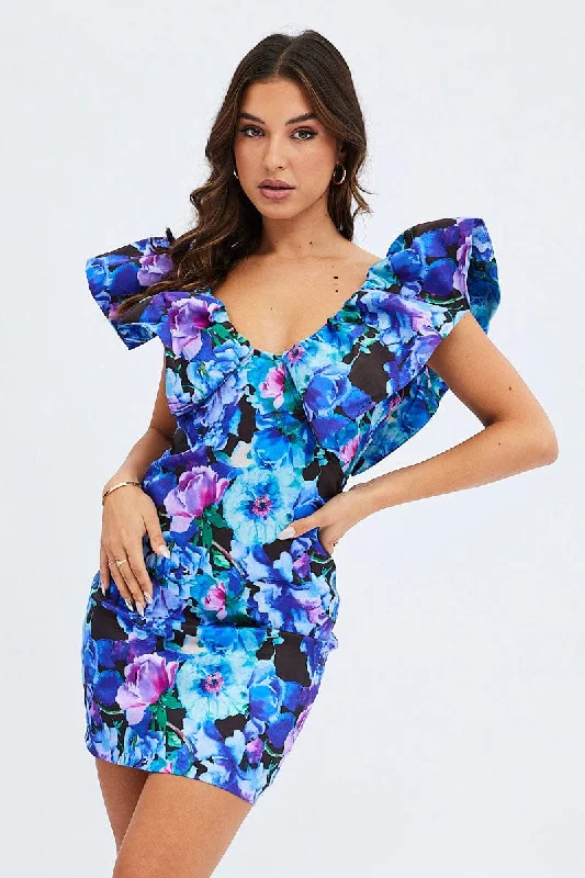 Multi Floral Ruffle Shoulder Plunging Statement Mini Dress Classic Solid Mini Dress