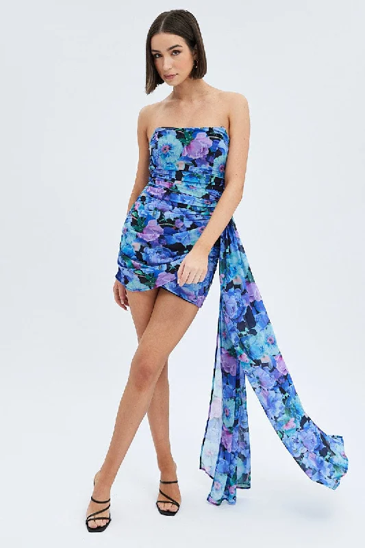 Multi Floral Sash Dress Bandeau Chiffon Draped Mini Dress Stylish Puff Sleeve Mini Dress