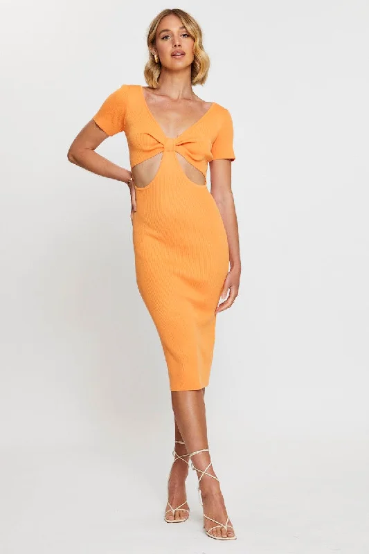 Orange Mini Dress Halter Neck Chic Mini Dress with V-Neck