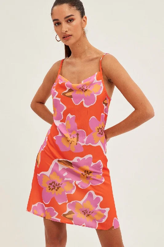 Orange Print Cowl Neck Mini Dress Classic Casual Mini Dress