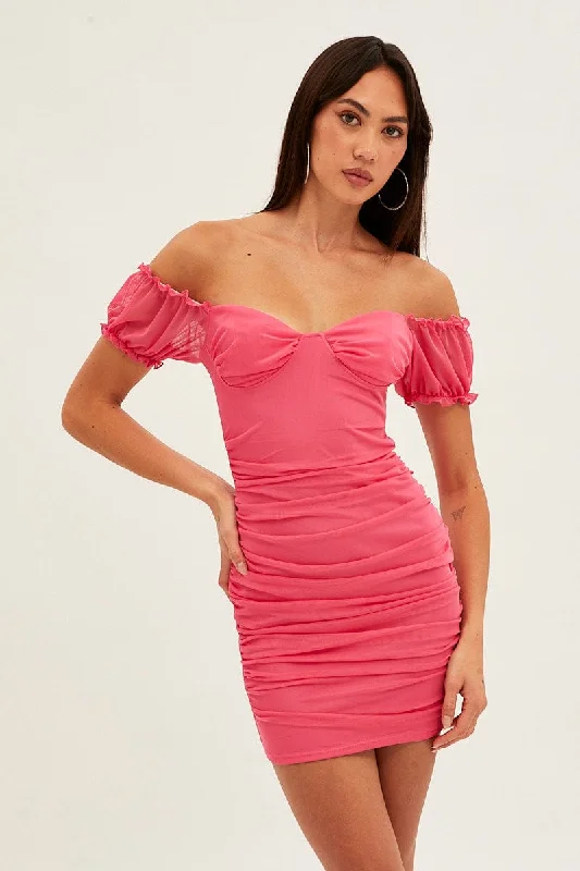 Pink Mesh Bodycon Mini Dress Comfortable Smocked Mini Dress