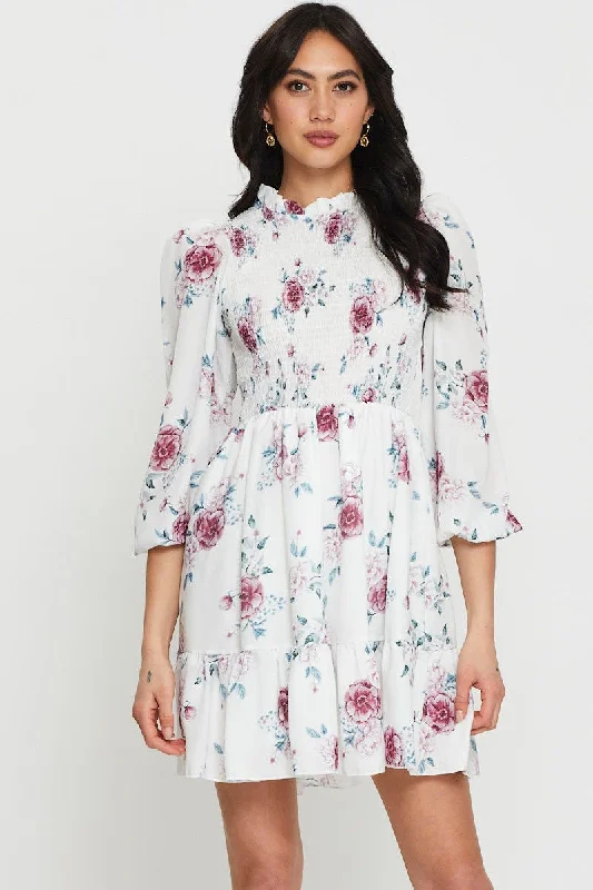 Print Mini Dress High Neck Skater Elegant Lace-Up Mini Dress