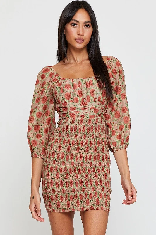 Print Mini Dress Long Sleeve Bodycon Classic Black Mini Dress