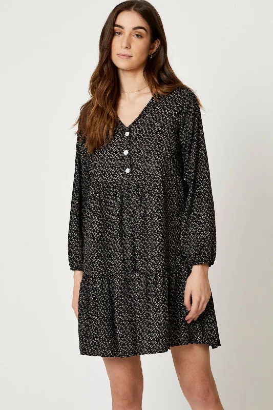 Print Mini Dress Long Sleeve Chic Pleated Mini Dress